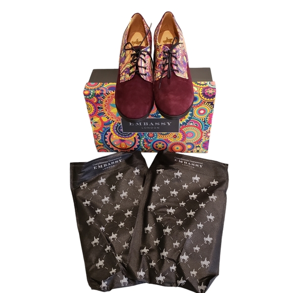 NEW Embassy London Burgundy Purple Paisley Roulette Suede Leather Block Heel - Picture 7 of 15